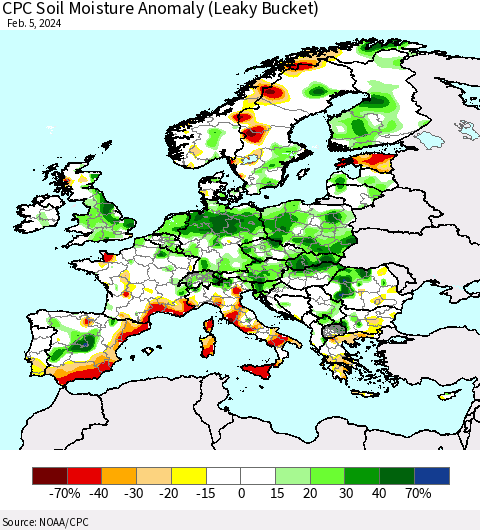 Europe CPC Soil Moisture Anomaly (Leaky Bucket) Thematic Map For 2/1/2024 - 2/5/2024