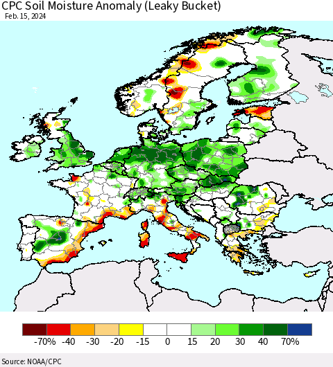 Europe CPC Soil Moisture Anomaly (Leaky Bucket) Thematic Map For 2/11/2024 - 2/15/2024
