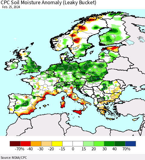 Europe CPC Soil Moisture Anomaly (Leaky Bucket) Thematic Map For 2/21/2024 - 2/25/2024