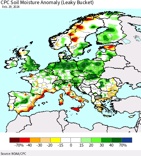 Europe CPC Soil Moisture Anomaly (Leaky Bucket) Thematic Map For 2/26/2024 - 2/29/2024