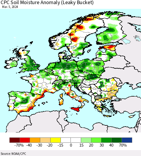 Europe CPC Soil Moisture Anomaly (Leaky Bucket) Thematic Map For 3/1/2024 - 3/5/2024