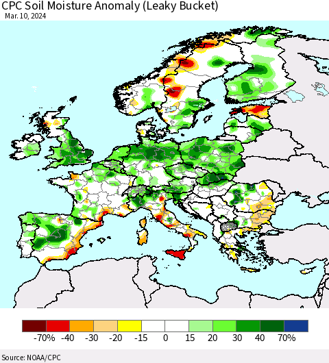 Europe CPC Soil Moisture Anomaly (Leaky Bucket) Thematic Map For 3/6/2024 - 3/10/2024