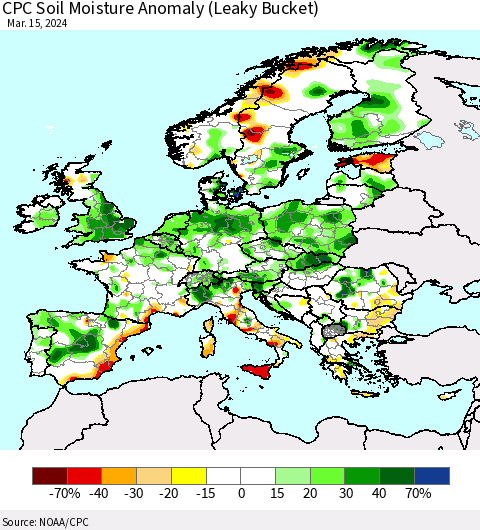 Europe CPC Soil Moisture Anomaly (Leaky Bucket) Thematic Map For 3/11/2024 - 3/15/2024