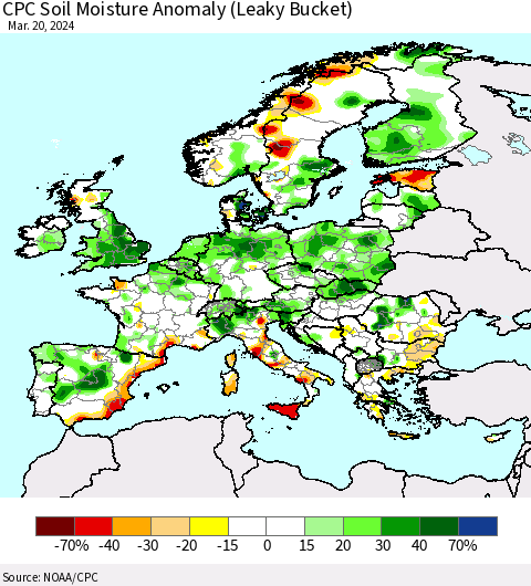 Europe CPC Soil Moisture Anomaly (Leaky Bucket) Thematic Map For 3/16/2024 - 3/20/2024