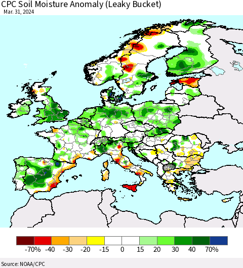 Europe CPC Soil Moisture Anomaly (Leaky Bucket) Thematic Map For 3/26/2024 - 3/31/2024