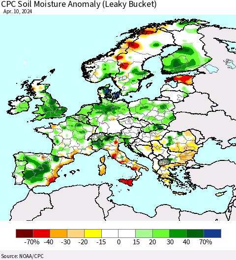 Europe CPC Soil Moisture Anomaly (Leaky Bucket) Thematic Map For 4/6/2024 - 4/10/2024