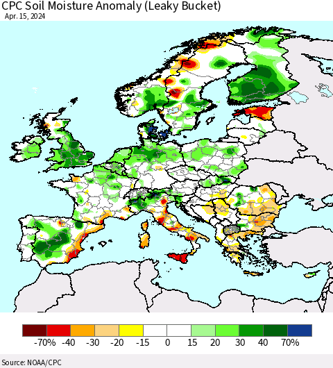 Europe CPC Soil Moisture Anomaly (Leaky Bucket) Thematic Map For 4/11/2024 - 4/15/2024