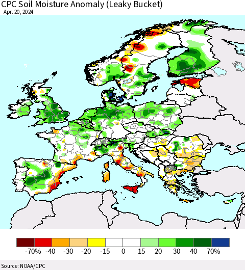 Europe CPC Soil Moisture Anomaly (Leaky Bucket) Thematic Map For 4/16/2024 - 4/20/2024
