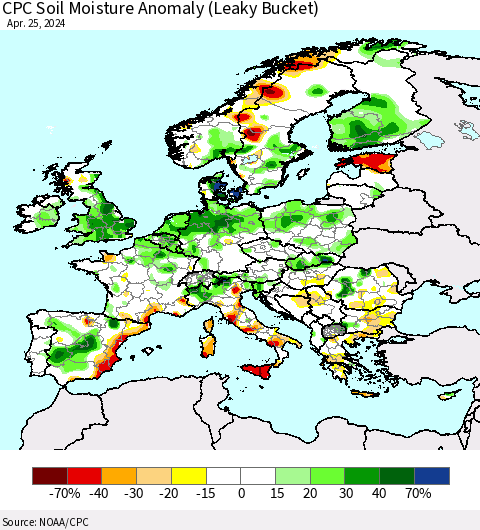 Europe CPC Soil Moisture Anomaly (Leaky Bucket) Thematic Map For 4/21/2024 - 4/25/2024