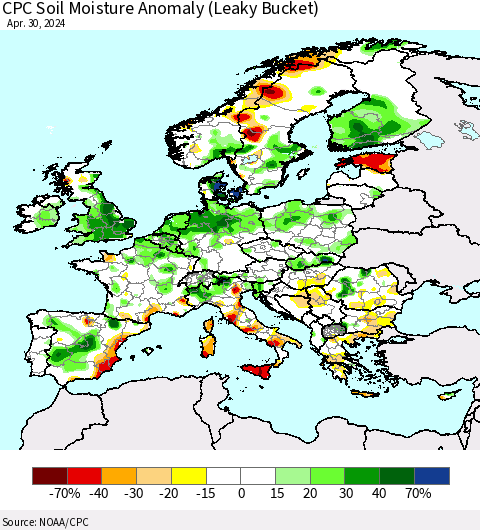 Europe CPC Soil Moisture Anomaly (Leaky Bucket) Thematic Map For 4/26/2024 - 4/30/2024