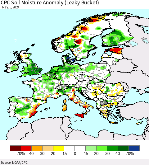 Europe CPC Soil Moisture Anomaly (Leaky Bucket) Thematic Map For 5/1/2024 - 5/5/2024