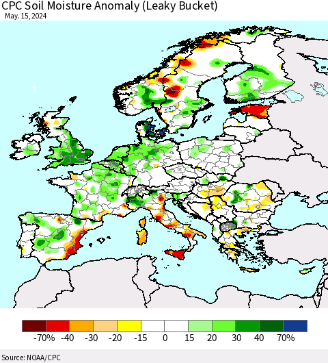 Europe CPC Soil Moisture Anomaly (Leaky Bucket) Thematic Map For 5/11/2024 - 5/15/2024
