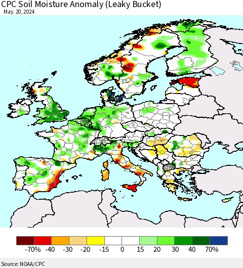 Europe CPC Soil Moisture Anomaly (Leaky Bucket) Thematic Map For 5/16/2024 - 5/20/2024