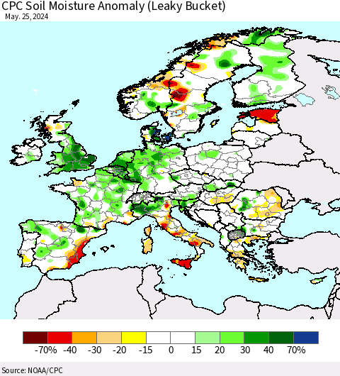 Europe CPC Soil Moisture Anomaly (Leaky Bucket) Thematic Map For 5/21/2024 - 5/25/2024