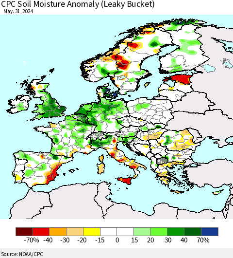 Europe CPC Soil Moisture Anomaly (Leaky Bucket) Thematic Map For 5/26/2024 - 5/31/2024