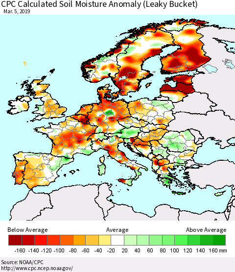 Europe CPC Soil Moisture Departure from Normal (Leaky Bucket) Thematic Map For 3/1/2019 - 3/5/2019