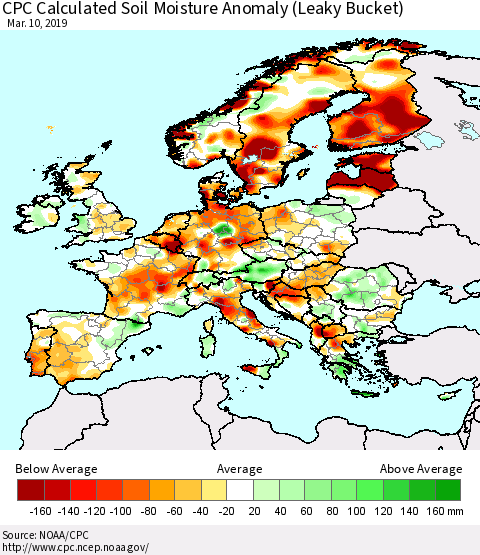Europe CPC Soil Moisture Departure from Normal (Leaky Bucket) Thematic Map For 3/6/2019 - 3/10/2019