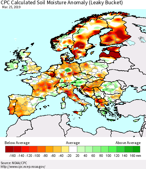 Europe CPC Soil Moisture Departure from Normal (Leaky Bucket) Thematic Map For 3/21/2019 - 3/25/2019