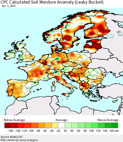 Europe CPC Soil Moisture Departure from Normal (Leaky Bucket) Thematic Map For 4/1/2019 - 4/5/2019