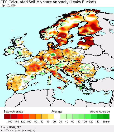 Europe CPC Soil Moisture Departure from Normal (Leaky Bucket) Thematic Map For 4/6/2019 - 4/10/2019