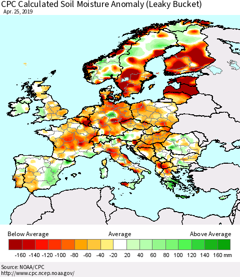 Europe CPC Soil Moisture Departure from Normal (Leaky Bucket) Thematic Map For 4/21/2019 - 4/25/2019