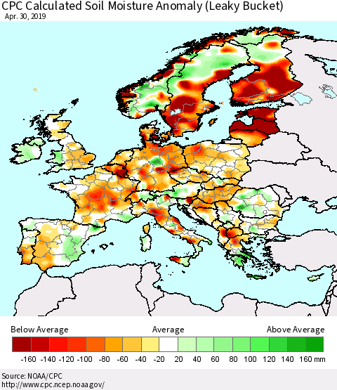 Europe CPC Soil Moisture Departure from Normal (Leaky Bucket) Thematic Map For 4/26/2019 - 4/30/2019