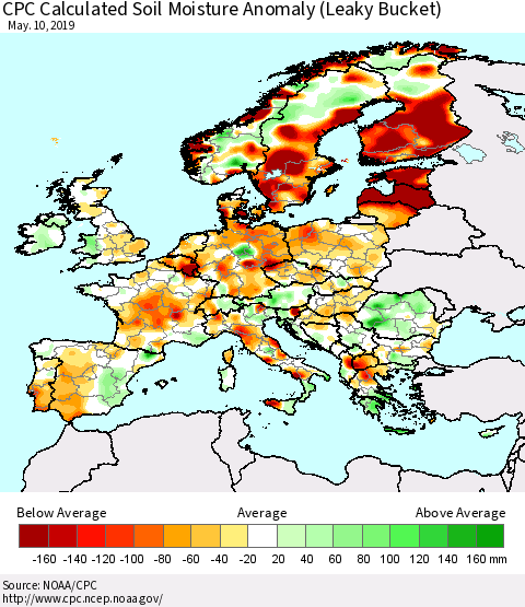 Europe CPC Soil Moisture Departure from Normal (Leaky Bucket) Thematic Map For 5/6/2019 - 5/10/2019