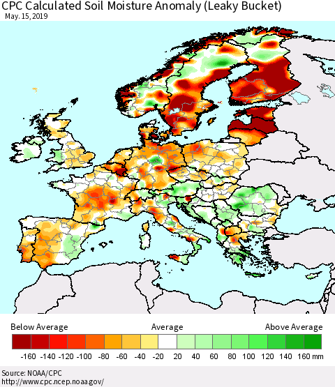 Europe CPC Soil Moisture Departure from Normal (Leaky Bucket) Thematic Map For 5/11/2019 - 5/15/2019