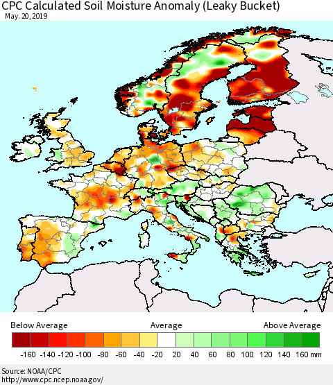 Europe CPC Soil Moisture Departure from Normal (Leaky Bucket) Thematic Map For 5/16/2019 - 5/20/2019