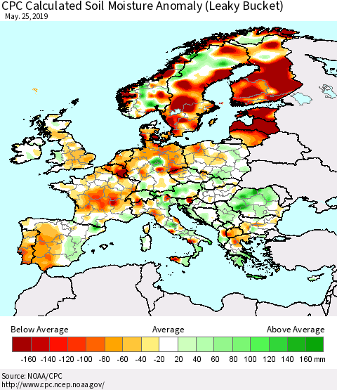 Europe CPC Soil Moisture Departure from Normal (Leaky Bucket) Thematic Map For 5/21/2019 - 5/25/2019