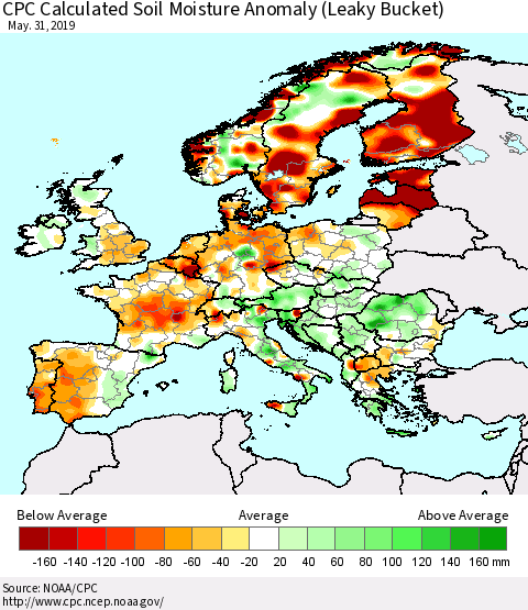 Europe CPC Soil Moisture Departure from Normal (Leaky Bucket) Thematic Map For 5/26/2019 - 5/31/2019