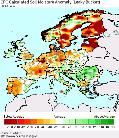 Europe CPC Soil Moisture Departure from Normal (Leaky Bucket) Thematic Map For 6/1/2019 - 6/5/2019