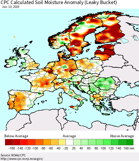 Europe CPC Soil Moisture Departure from Normal (Leaky Bucket) Thematic Map For 6/6/2019 - 6/10/2019