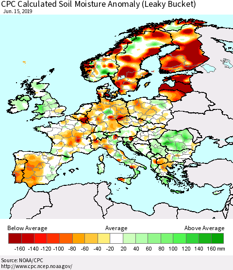 Europe CPC Soil Moisture Departure from Normal (Leaky Bucket) Thematic Map For 6/11/2019 - 6/15/2019