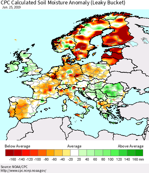 Europe CPC Soil Moisture Departure from Normal (Leaky Bucket) Thematic Map For 6/21/2019 - 6/25/2019
