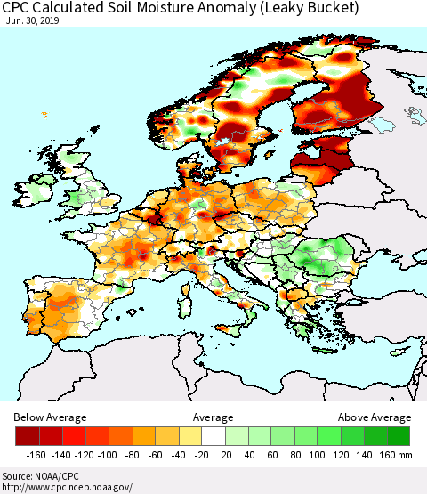 Europe CPC Soil Moisture Departure from Normal (Leaky Bucket) Thematic Map For 6/26/2019 - 6/30/2019
