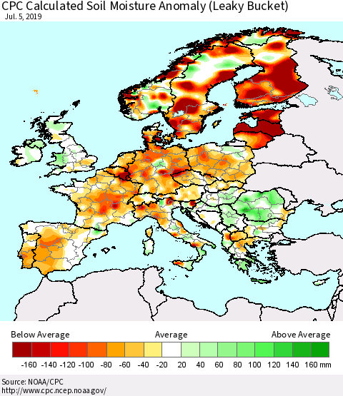 Europe CPC Soil Moisture Departure from Normal (Leaky Bucket) Thematic Map For 7/1/2019 - 7/5/2019