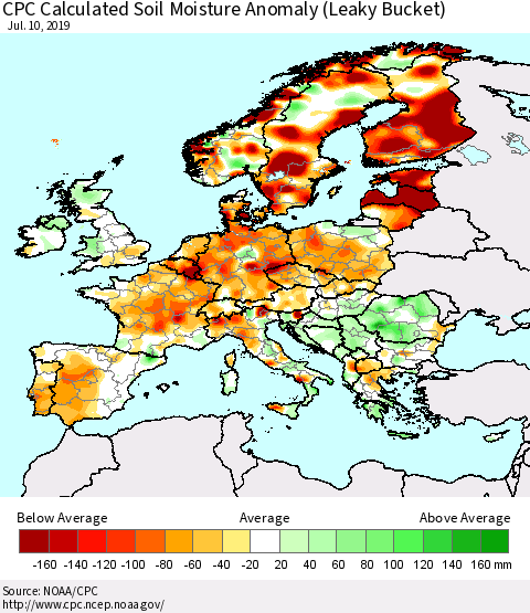 Europe CPC Soil Moisture Departure from Normal (Leaky Bucket) Thematic Map For 7/6/2019 - 7/10/2019