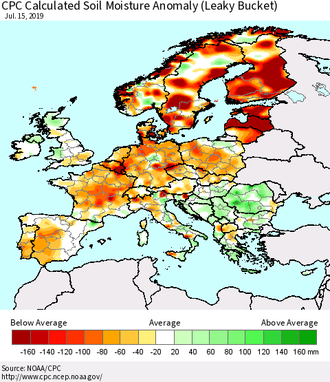 Europe CPC Soil Moisture Departure from Normal (Leaky Bucket) Thematic Map For 7/11/2019 - 7/15/2019