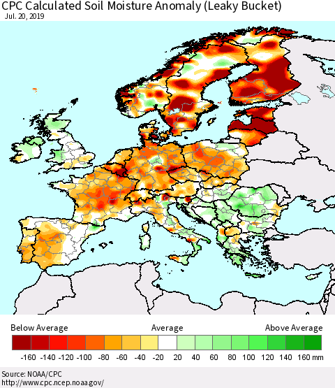 Europe CPC Soil Moisture Departure from Normal (Leaky Bucket) Thematic Map For 7/16/2019 - 7/20/2019