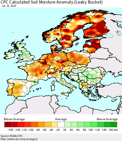 Europe CPC Soil Moisture Departure from Normal (Leaky Bucket) Thematic Map For 7/26/2019 - 7/31/2019