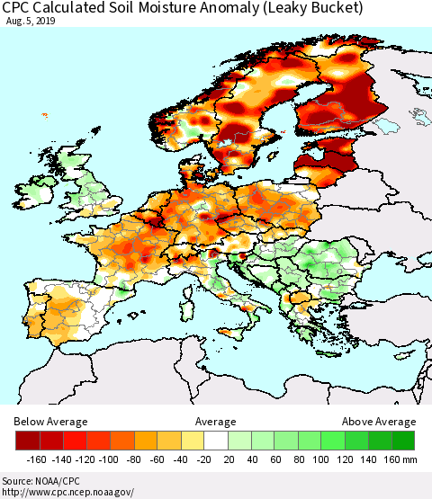 Europe CPC Soil Moisture Departure from Normal (Leaky Bucket) Thematic Map For 8/1/2019 - 8/5/2019