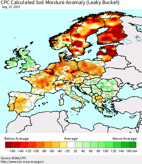 Europe CPC Soil Moisture Departure from Normal (Leaky Bucket) Thematic Map For 8/6/2019 - 8/10/2019