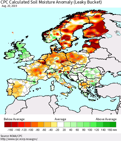 Europe CPC Soil Moisture Departure from Normal (Leaky Bucket) Thematic Map For 8/16/2019 - 8/20/2019