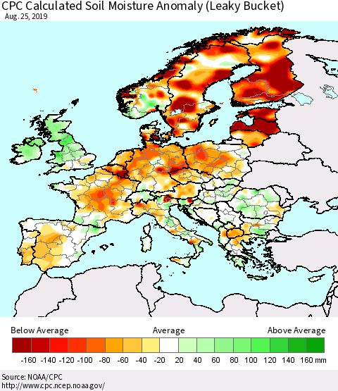 Europe CPC Soil Moisture Departure from Normal (Leaky Bucket) Thematic Map For 8/21/2019 - 8/25/2019