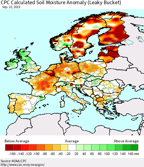 Europe CPC Soil Moisture Departure from Normal (Leaky Bucket) Thematic Map For 9/6/2019 - 9/10/2019