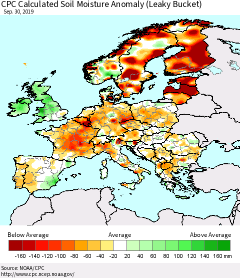 Europe CPC Soil Moisture Departure from Normal (Leaky Bucket) Thematic Map For 9/26/2019 - 9/30/2019