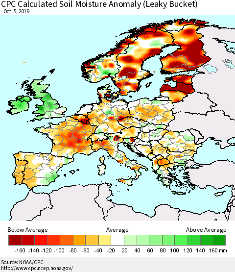 Europe CPC Soil Moisture Departure from Normal (Leaky Bucket) Thematic Map For 10/1/2019 - 10/5/2019