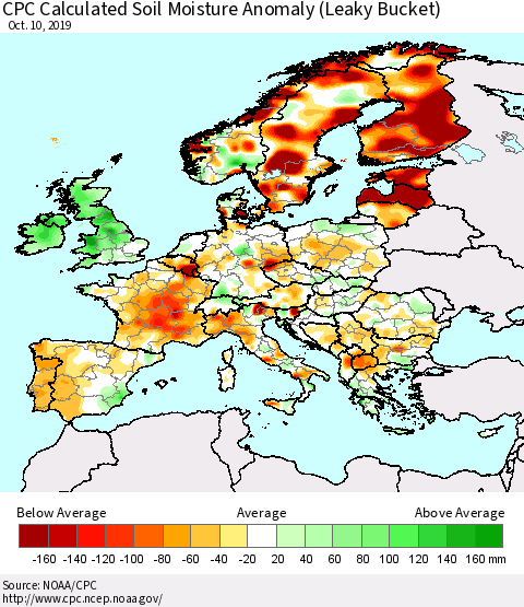 Europe CPC Soil Moisture Departure from Normal (Leaky Bucket) Thematic Map For 10/6/2019 - 10/10/2019