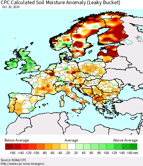 Europe CPC Soil Moisture Departure from Normal (Leaky Bucket) Thematic Map For 10/16/2019 - 10/20/2019
